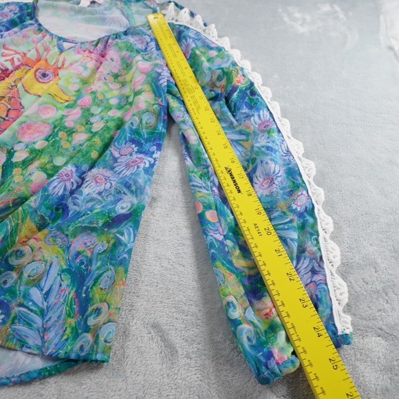 Leoma Lovegrove Womens Blouse L Seahorse Colorful Artsy Split Sleeve Crochet Tie - Picture 7 of 12